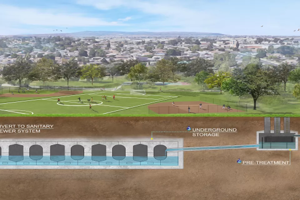 Rendering of underground stormwater capture system in Adventure Park in Whittier, California